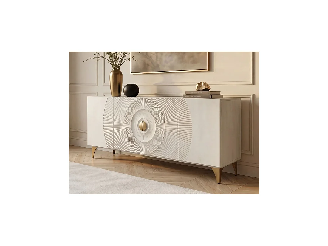 Buffet SOLARIS 177 cm blanc et doré – 4 portes sculptées motif solaire en bois de manguier