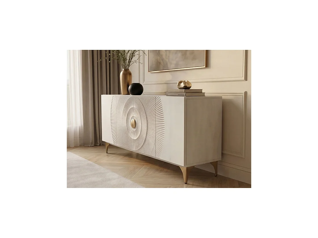 Buffet SOLARIS 177 cm blanc et doré – 4 portes sculptées motif solaire en bois de manguier