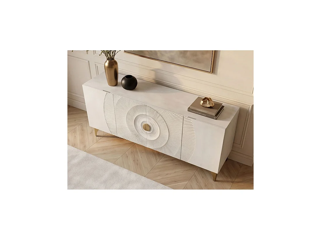 Buffet SOLARIS 177 cm blanc et doré – 4 portes sculptées motif solaire en bois de manguier