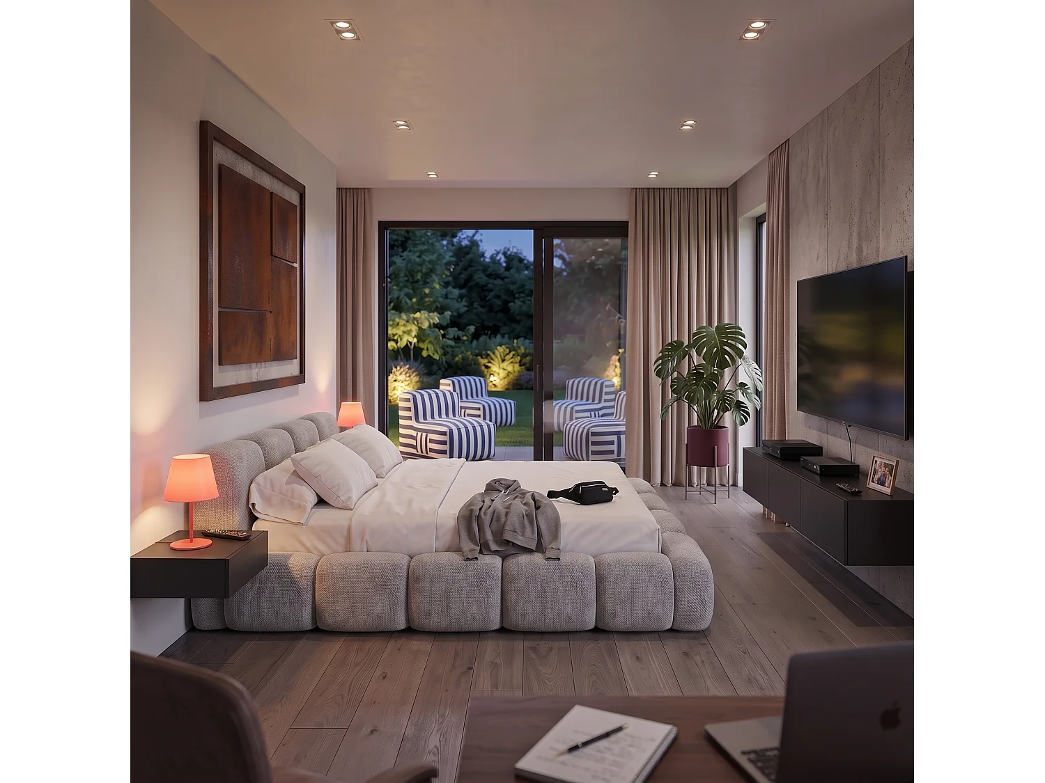 Lit capitonné SUENO 200x200 cm gris clair, tête de lit capitonnée, sommier à lattes métalliques, coffre de lit, tissu chenille