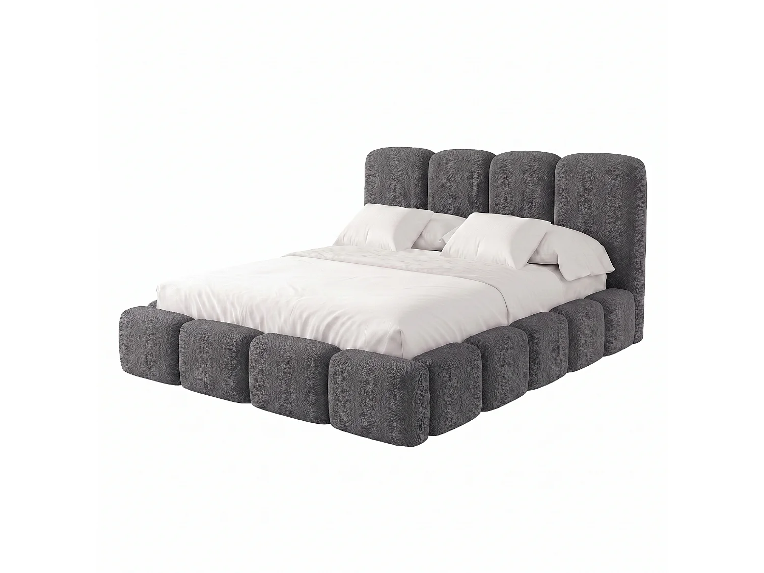 Lit rembourré SUENO MAXI  avec matelas 200 × 200 cm graphiet, tête de lit capitonnée, sommier métallique, coffre de rangement, tissu bouclé