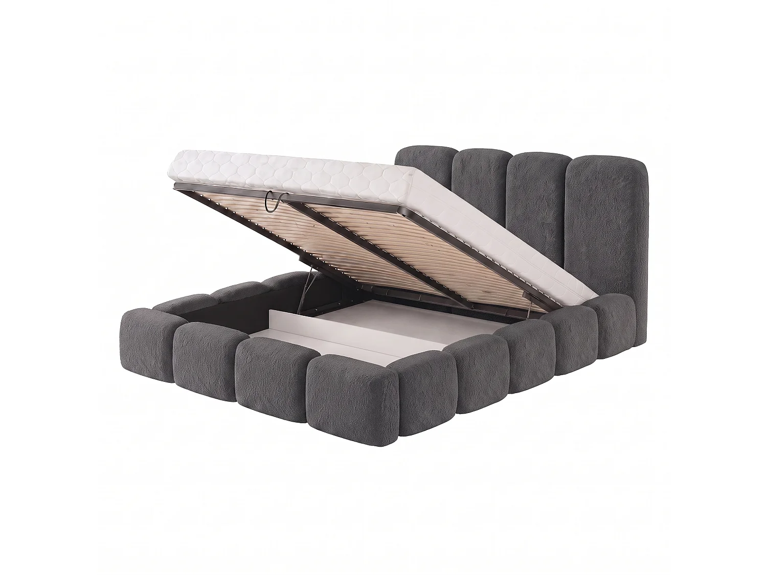 Lit rembourré SUENO MAXI  avec matelas 200 × 200 cm graphiet, tête de lit capitonnée, sommier métallique, coffre de rangement, tissu bouclé