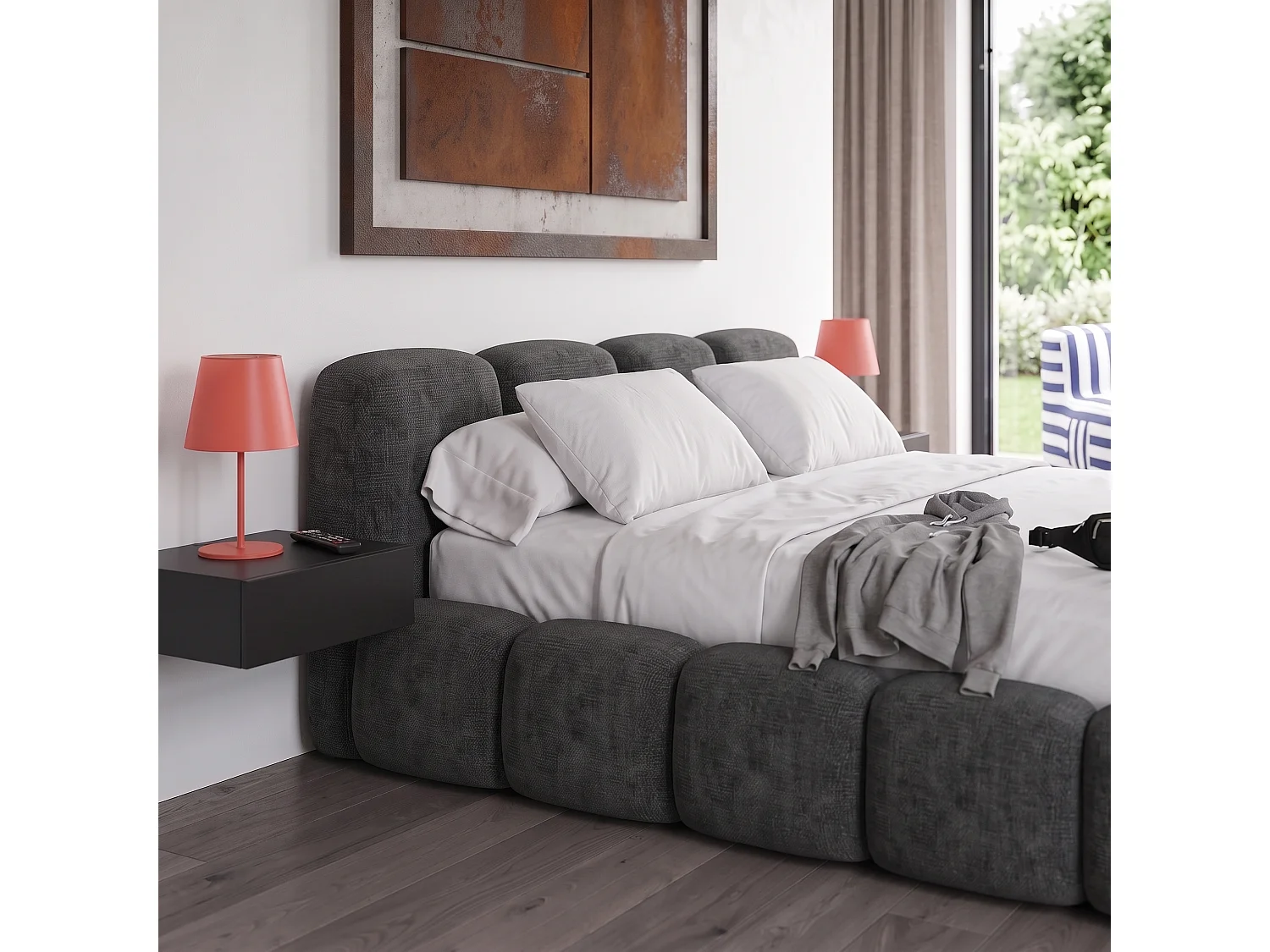Lit capitonné SUENO 160x200 cm noir, tête de lit capitonnée, sommier à lattes métalliques, coffre de lit, tissu chenille