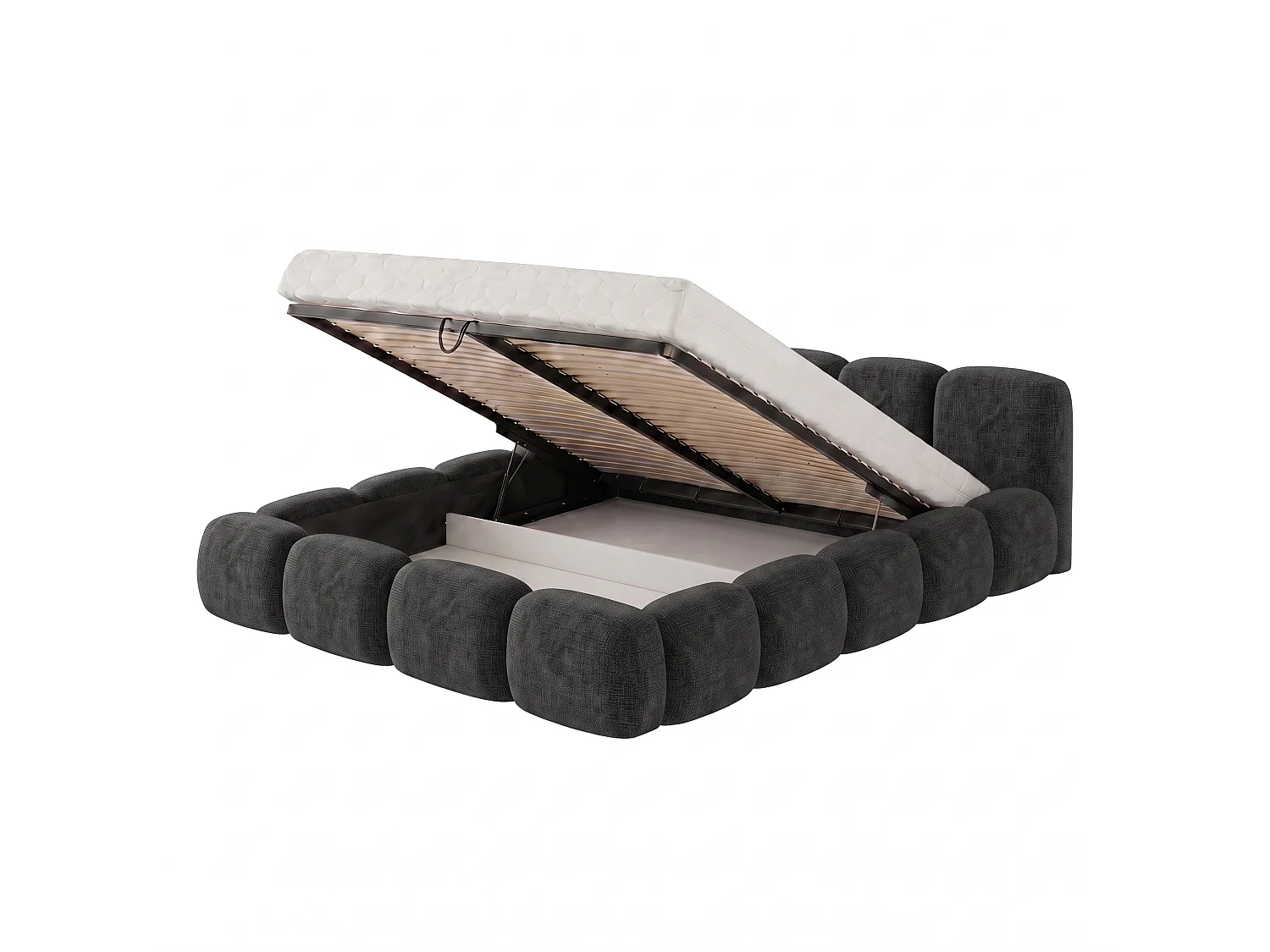 Lit capitonné SUENO 160x200 cm noir, tête de lit capitonnée, sommier à lattes métalliques, coffre de lit, tissu chenille