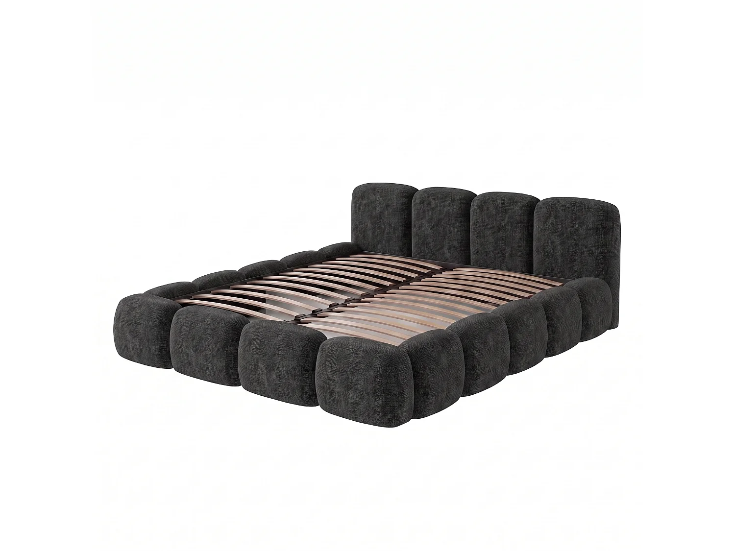 Lit capitonné SUENO 160x200 cm noir, tête de lit capitonnée, sommier à lattes métalliques, coffre de lit, tissu chenille