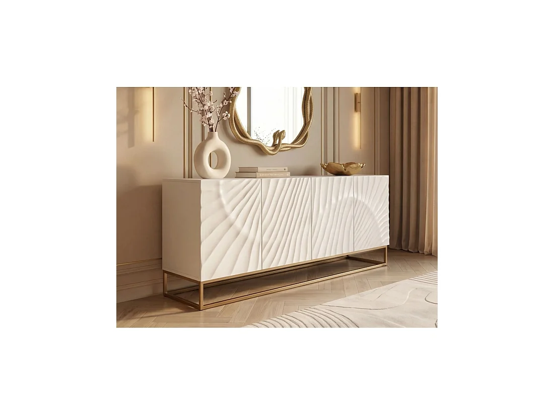 Buffet SILVA 177 cm in massief wit mangohout met uitgesneden details – 4 deuren en gouden poten