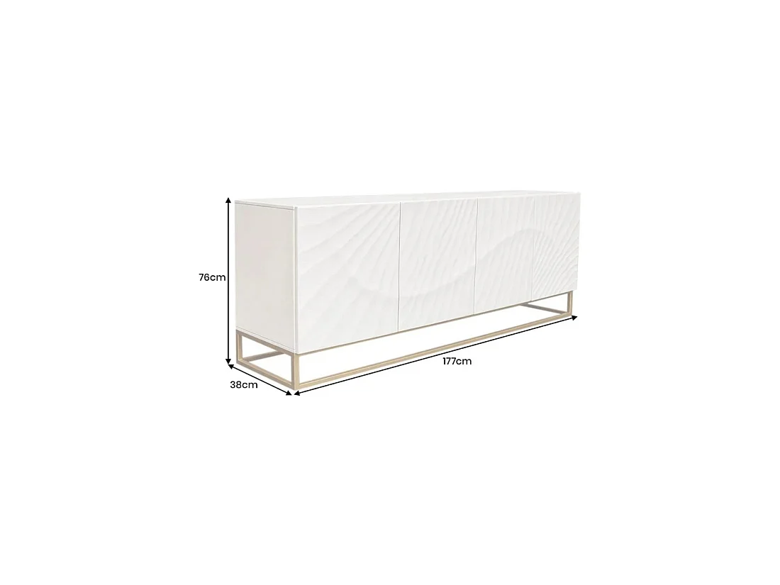 Buffet SILVA 177 cm in massief wit mangohout met uitgesneden details – 4 deuren en gouden poten