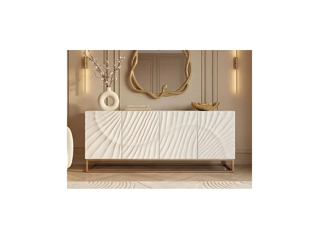 Buffet SILVA 177 cm in massief wit mangohout met uitgesneden details – 4 deuren en gouden poten