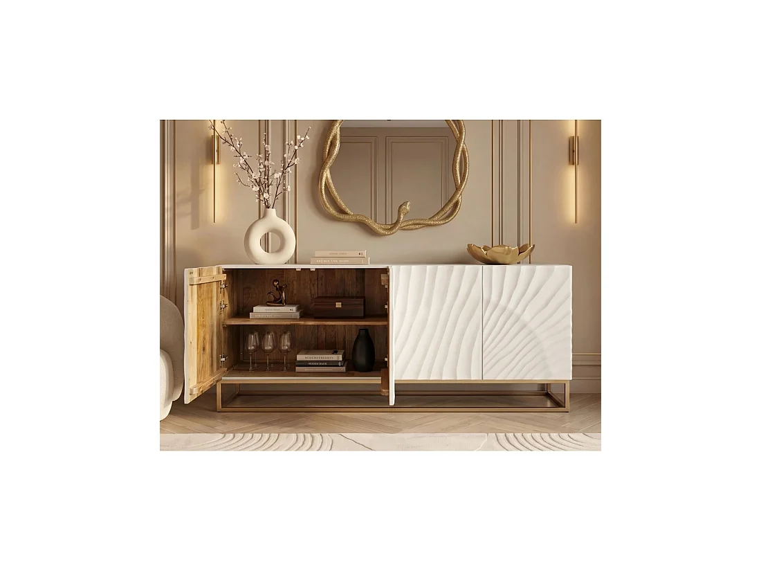 Buffet SILVA 177 cm in massief wit mangohout met uitgesneden details – 4 deuren en gouden poten