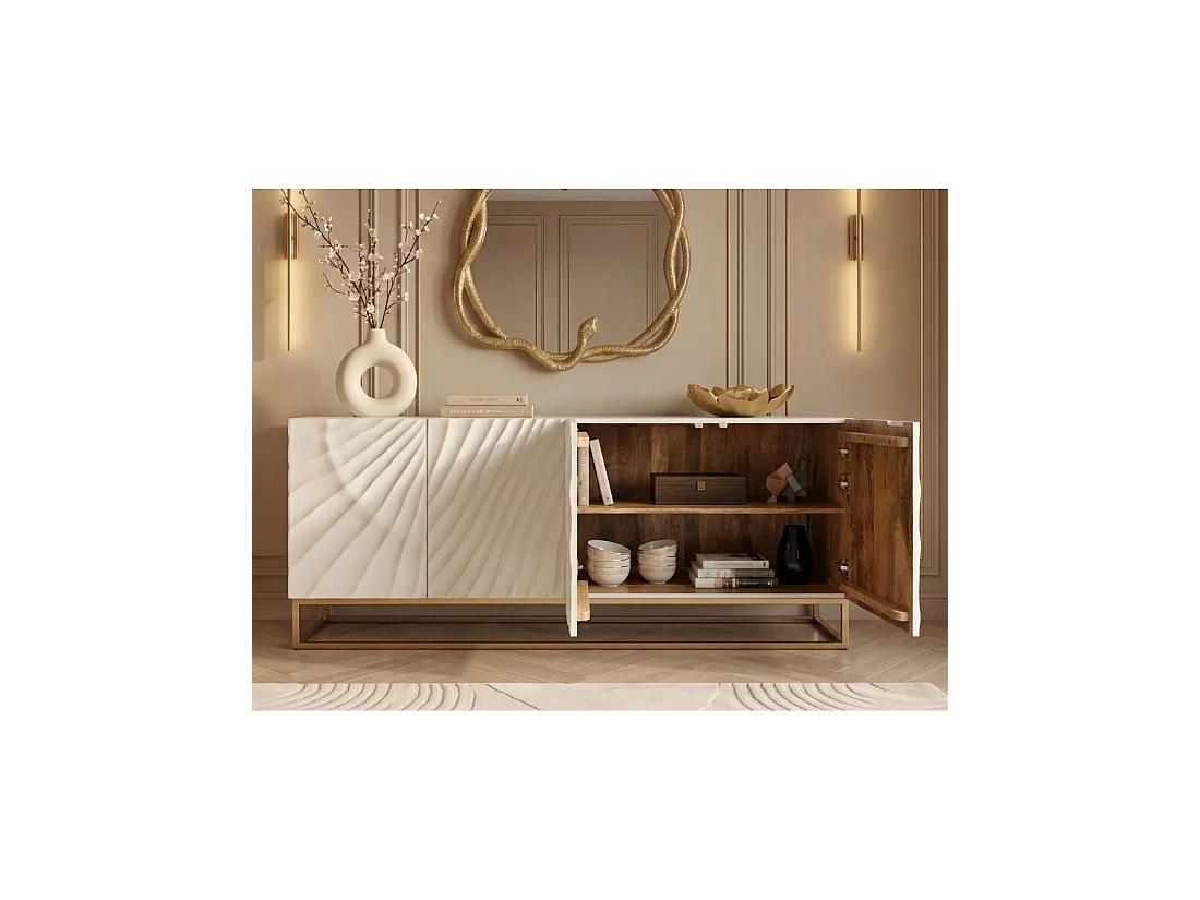 Buffet SILVA 177 cm in massief wit mangohout met uitgesneden details – 4 deuren en gouden poten