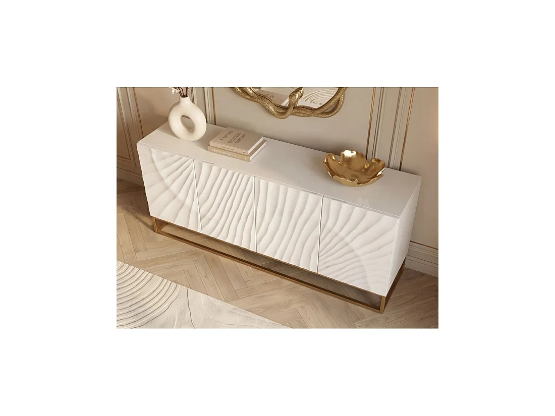Buffet SILVA 177 cm in massief wit mangohout met uitgesneden details – 4 deuren en gouden poten