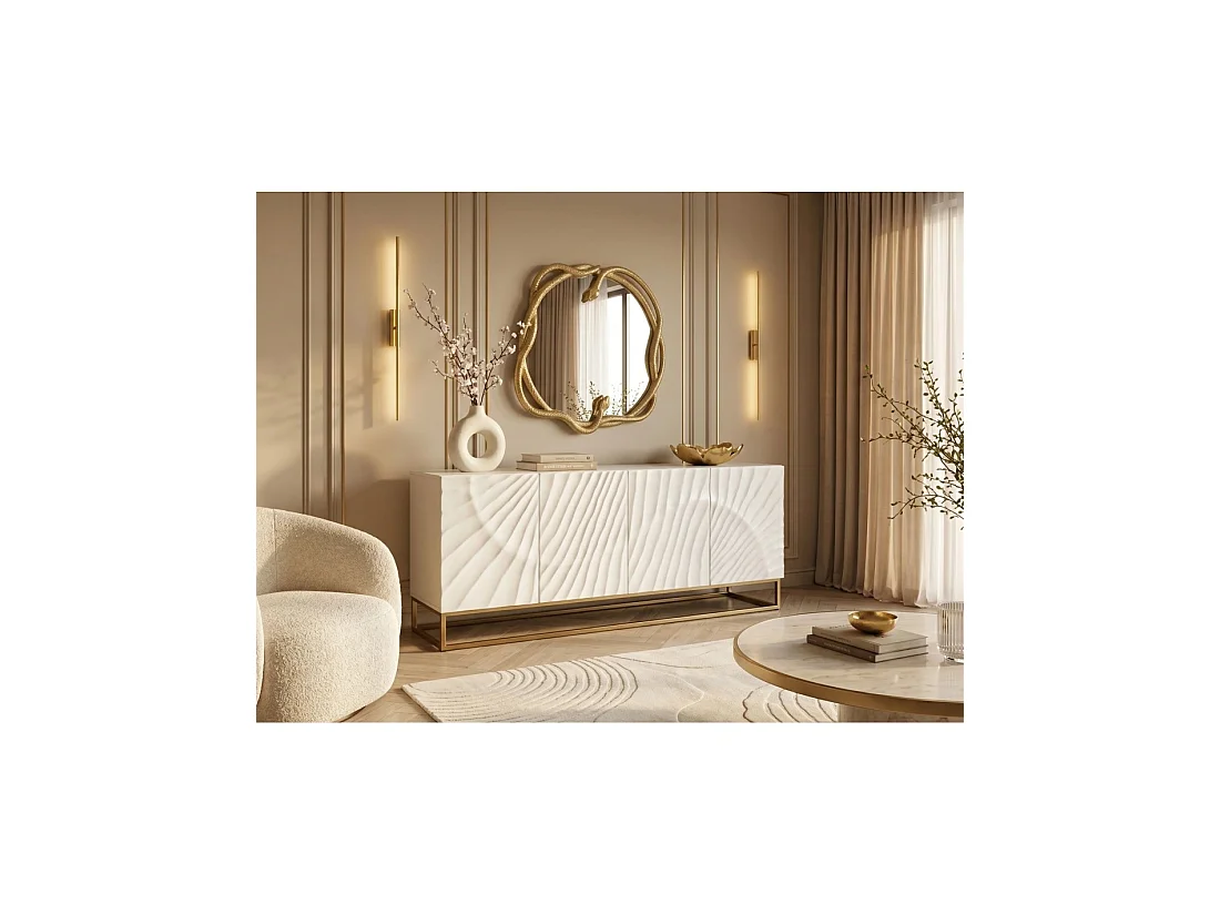 Buffet SILVA 177 cm in massief wit mangohout met uitgesneden details – 4 deuren en gouden poten
