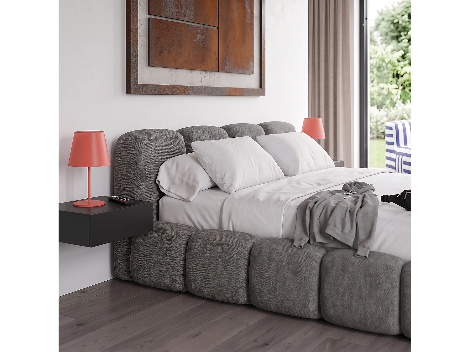 Lit capitonné SUENO 180x200 cm gris foncé, tête de lit capitonnée, sommier à lattes métalliques, coffre de lit, tissu chenille