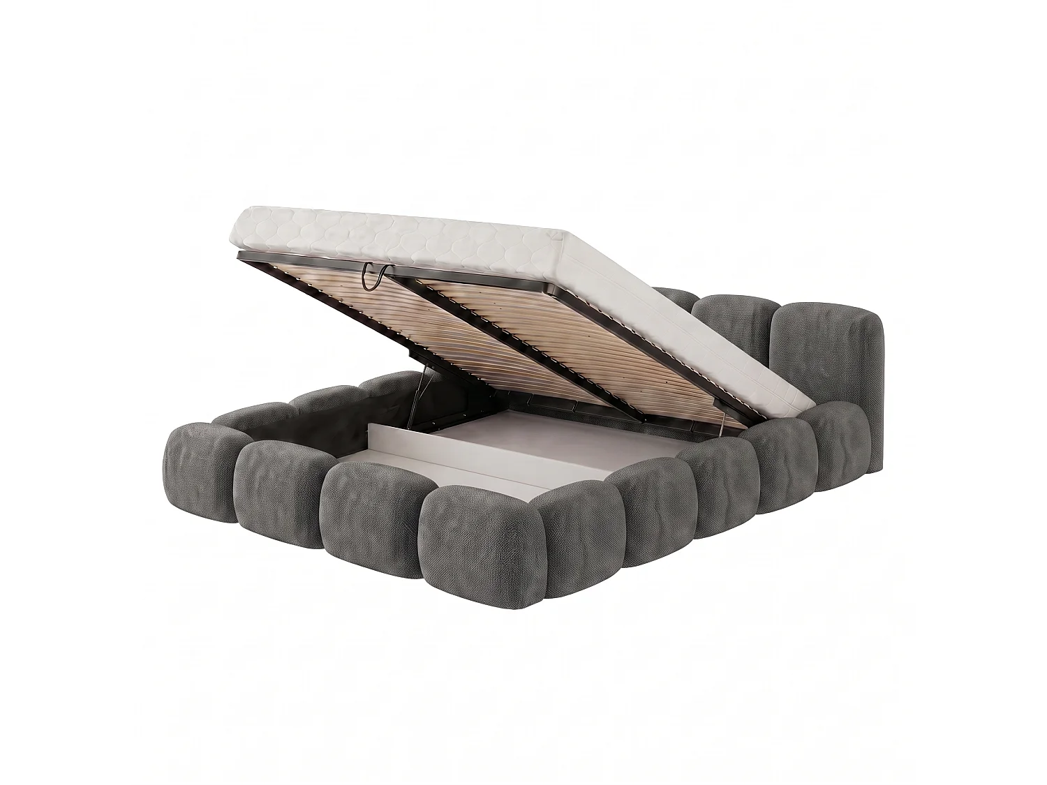 Lit capitonné SUENO 180x200 cm gris foncé, tête de lit capitonnée, sommier à lattes métalliques, coffre de lit, tissu chenille