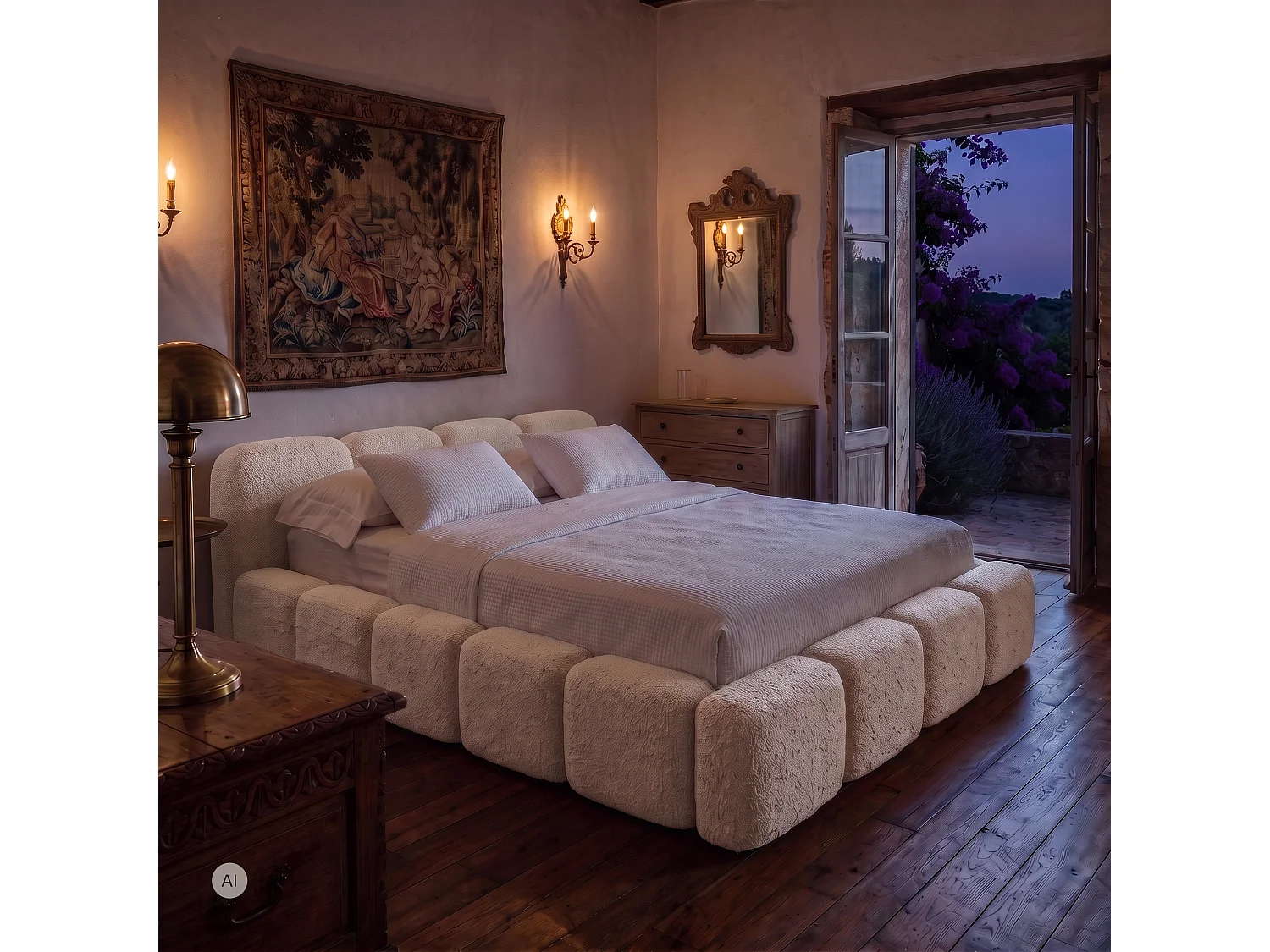 Lit rembourré SUENO 160 × 200 cm creme, tête de lit capitonnée, sommier métallique, coffre de rangement, tissu bouclé