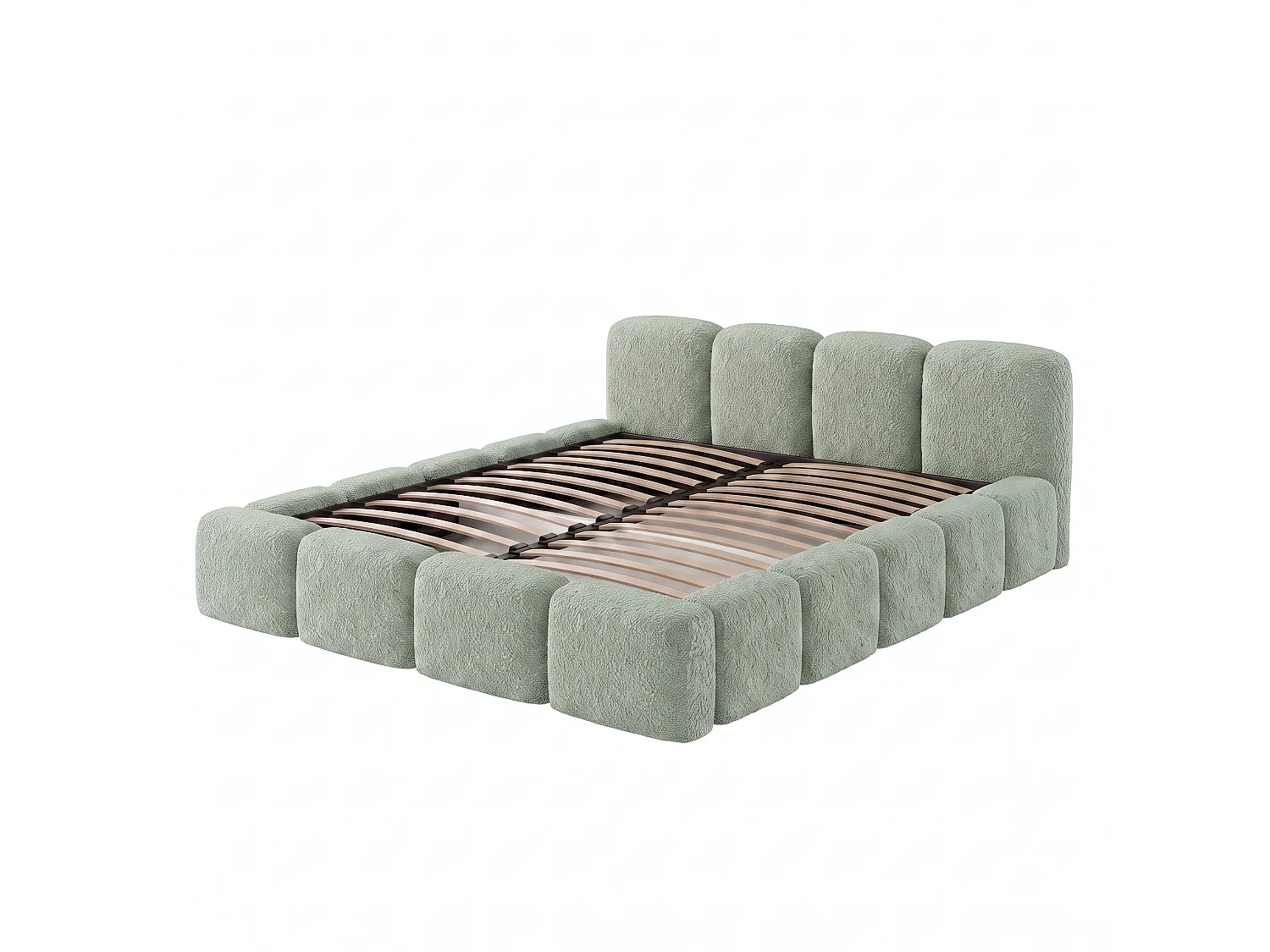Lit rembourré SUENO avec matelas 160 × 200 cm vert menthe, tête de lit capitonnée, sommier métallique, coffre de rangement, tissu bouclé