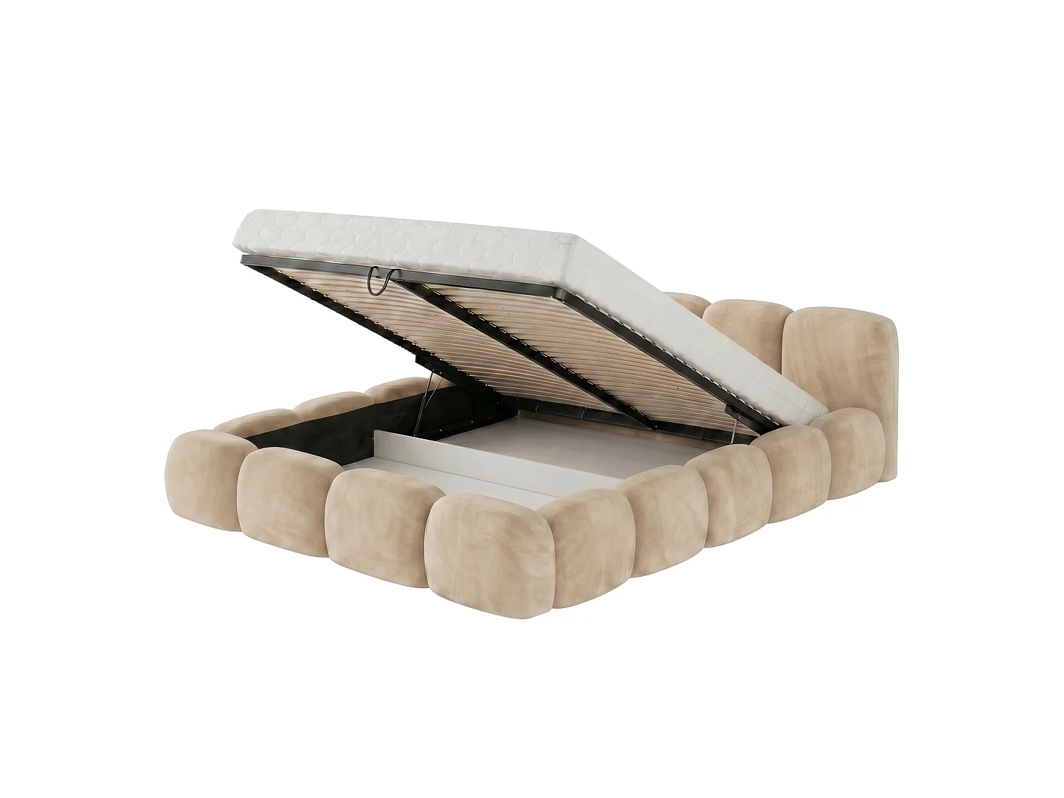 Lit rembourré SUENO 160 × 200 cm creme, tête de lit capitonnée, sommier métallique, coffre de rangement, tissu velours