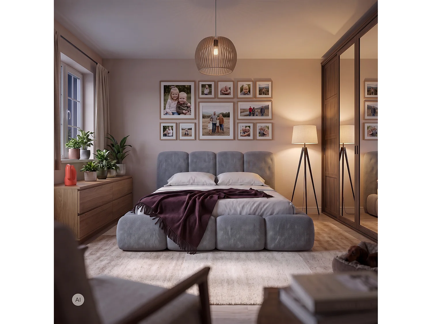 Lit rembourré SUENO MAXI  avec matelas 200 × 200 cm, gris, tête de lit rembourrée, sommier métallique à lattes, coffre de rangement, tissu chenille