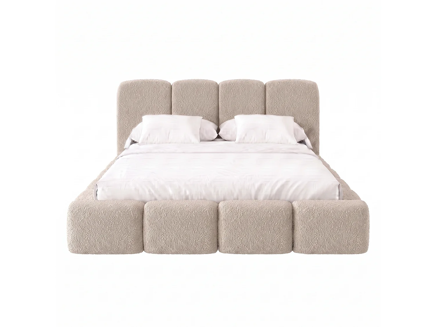 Lit capitonné SUENO MAXI 200x200 cm beige, tête de lit capitonnée, sommier à lattes métalliques, coffre de lit, tissu bouclé