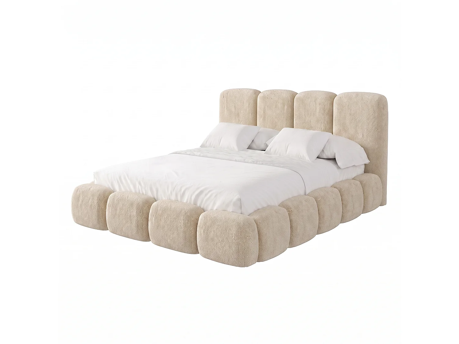 Lit rembourré SUENO MAXI  avec matelas 200 × 200 cm, creme, tête de lit rembourrée, sommier métallique à lattes, coffre de rangement, tissu chenille