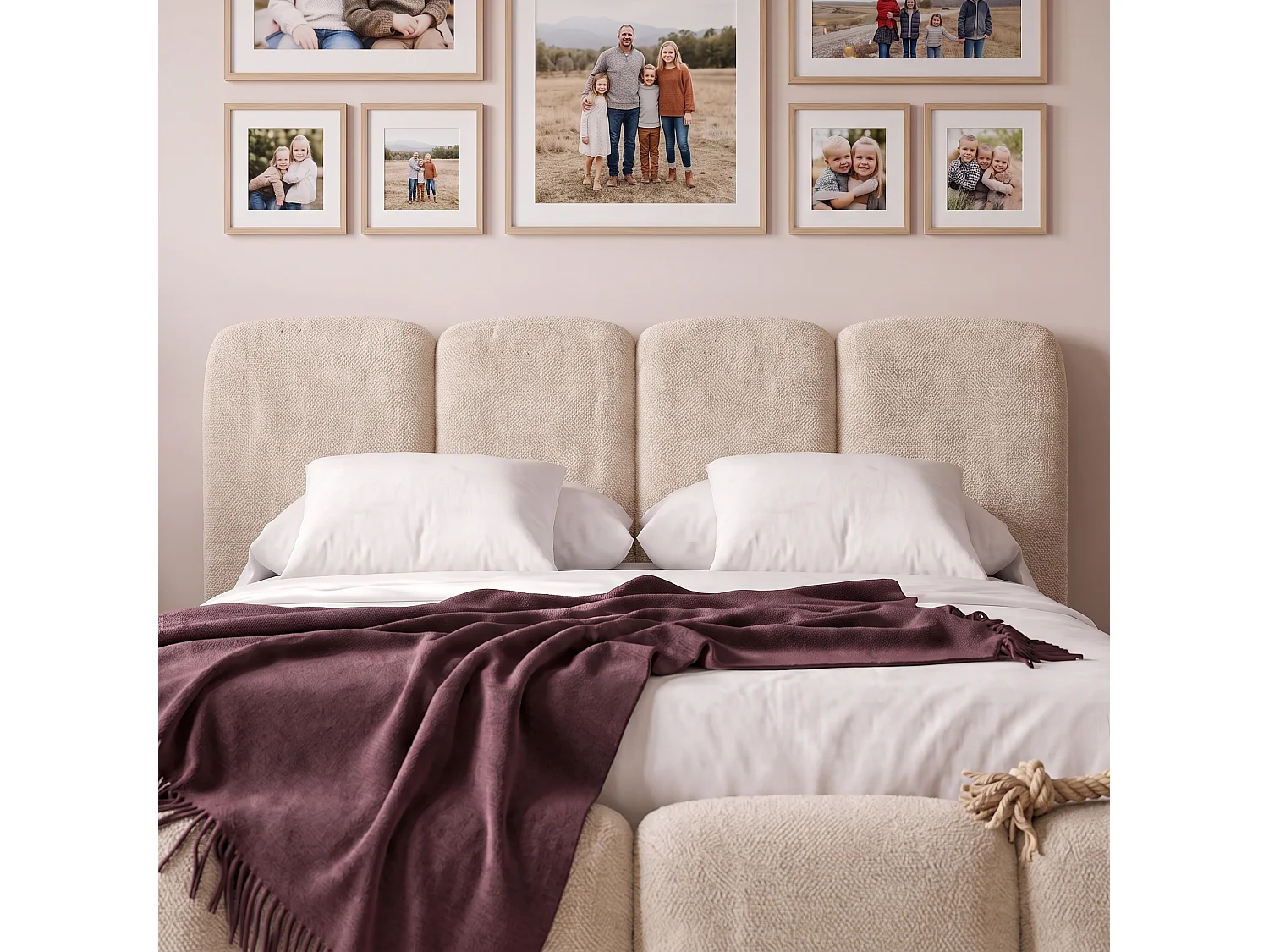 Lit rembourré SUENO MAXI  avec matelas 200 × 200 cm, creme, tête de lit rembourrée, sommier métallique à lattes, coffre de rangement, tissu chenille