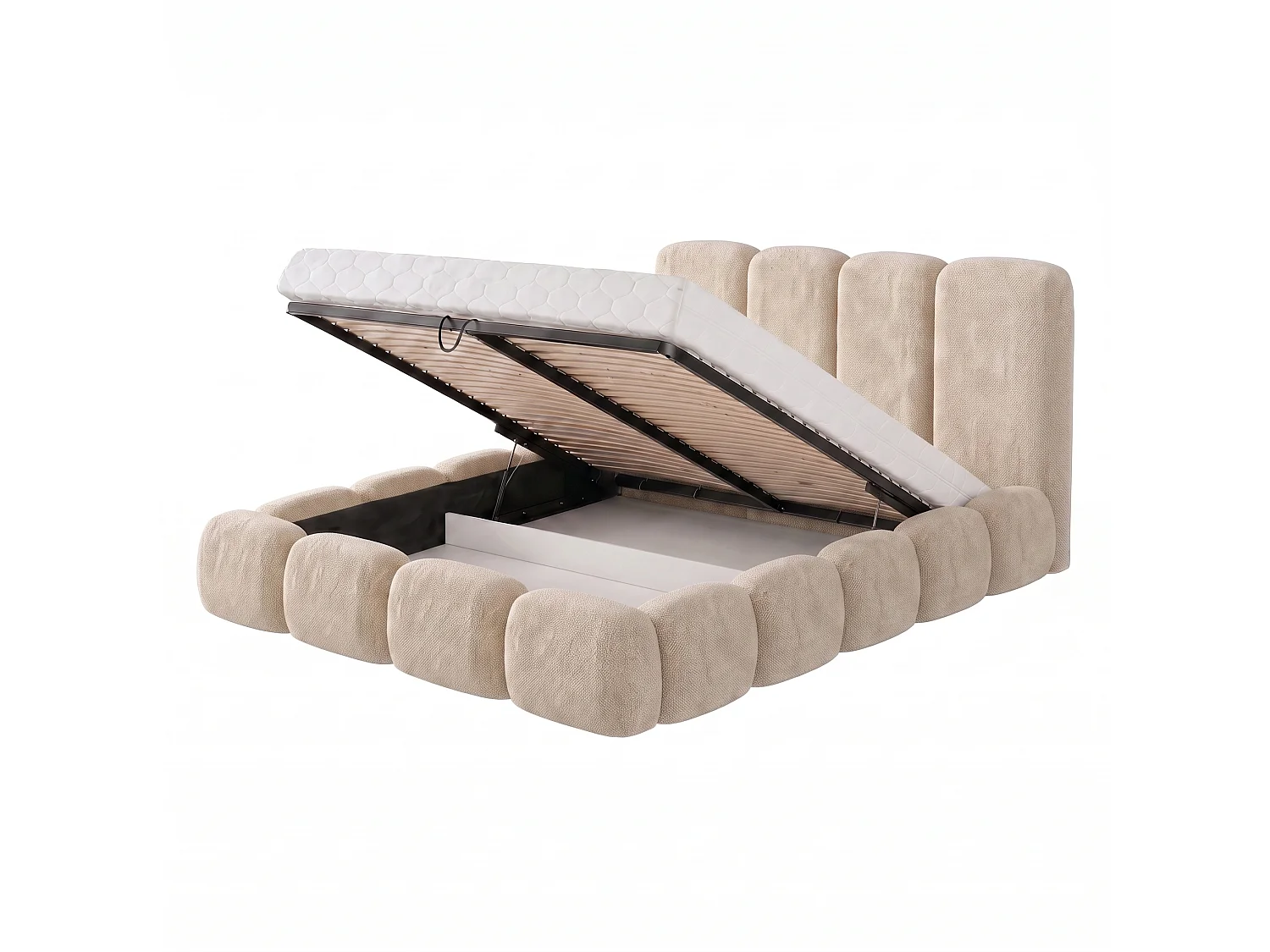 Lit rembourré SUENO MAXI  avec matelas 200 × 200 cm, creme, tête de lit rembourrée, sommier métallique à lattes, coffre de rangement, tissu chenille