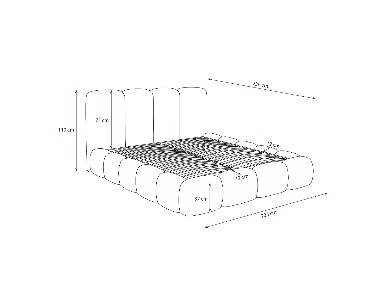 Lit rembourré SUENO MAXI  avec matelas 200 × 200 cm, creme, tête de lit rembourrée, sommier métallique à lattes, coffre de rangement, tissu chenille