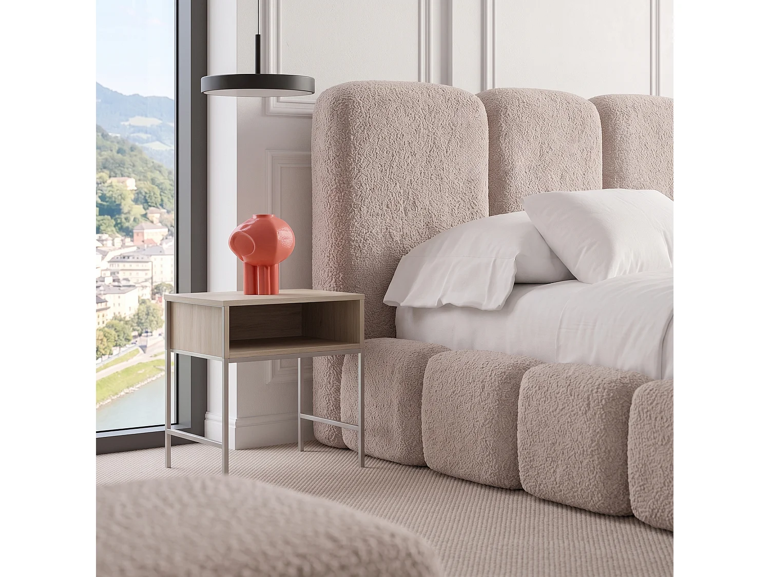 Lit rembourré SUENO MAXI  avec matelas 160 × 200 cm beige, tête de lit capitonnée, sommier métallique, coffre de rangement, tissu bouclé