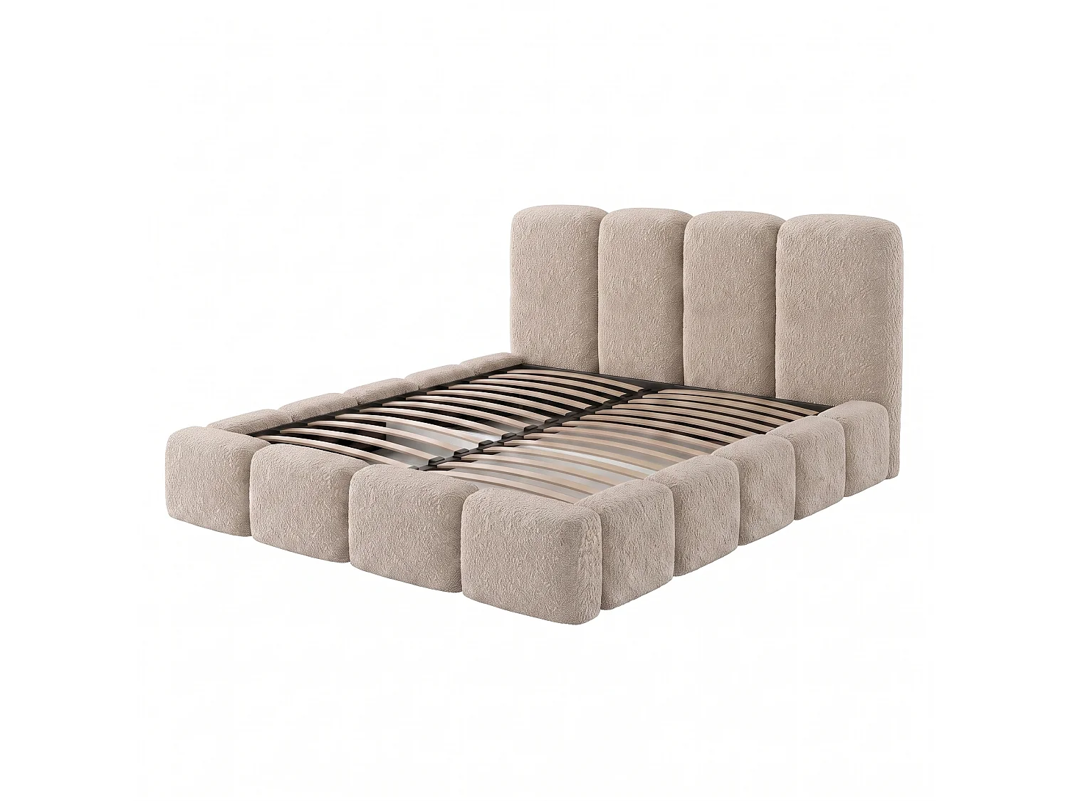 Lit rembourré SUENO MAXI  avec matelas 160 × 200 cm beige, tête de lit capitonnée, sommier métallique, coffre de rangement, tissu bouclé