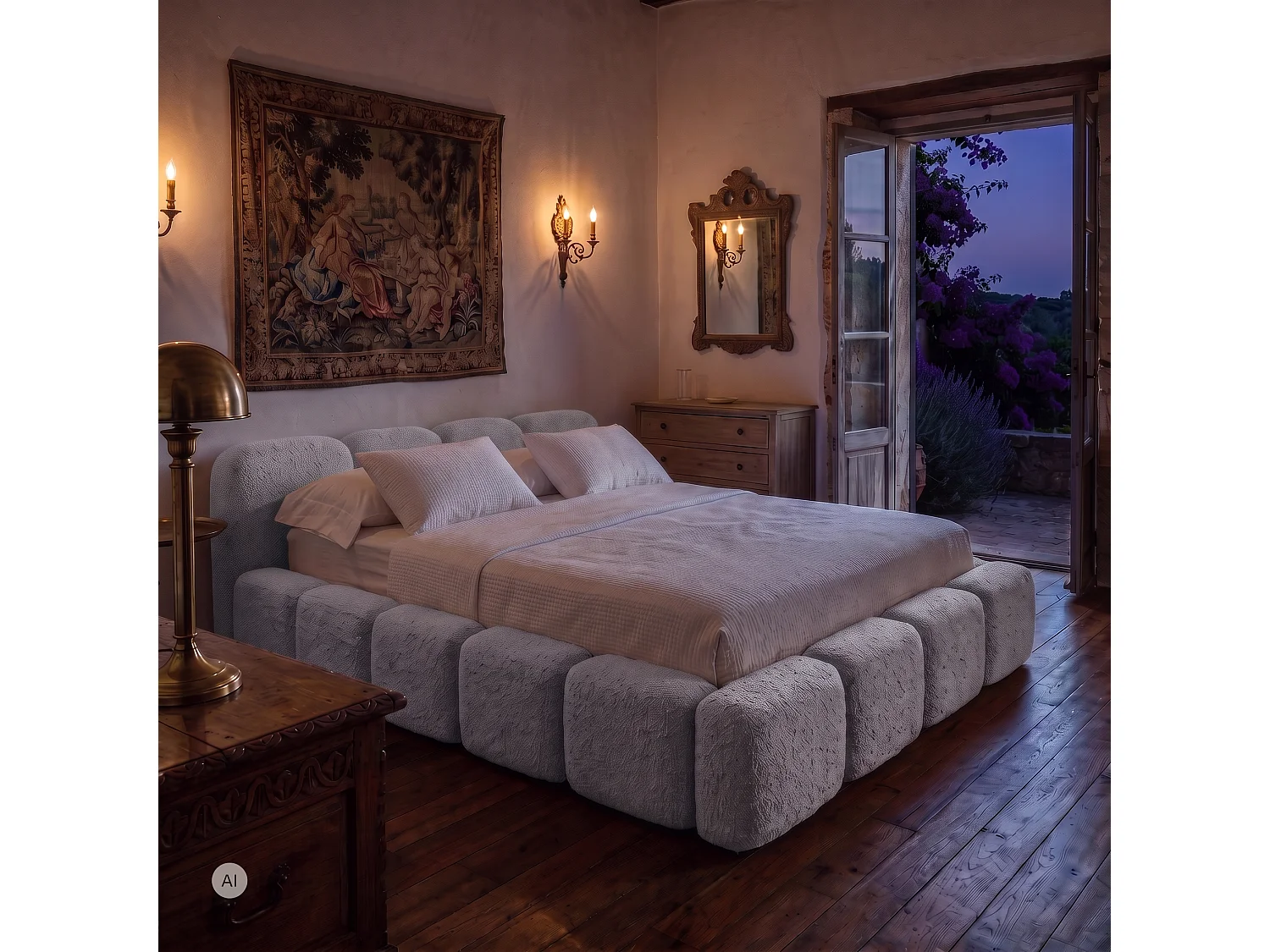 Lit rembourré SUENO avec matelas 160 × 200 cm gris, tête de lit capitonnée, sommier métallique, coffre de rangement, tissu bouclé