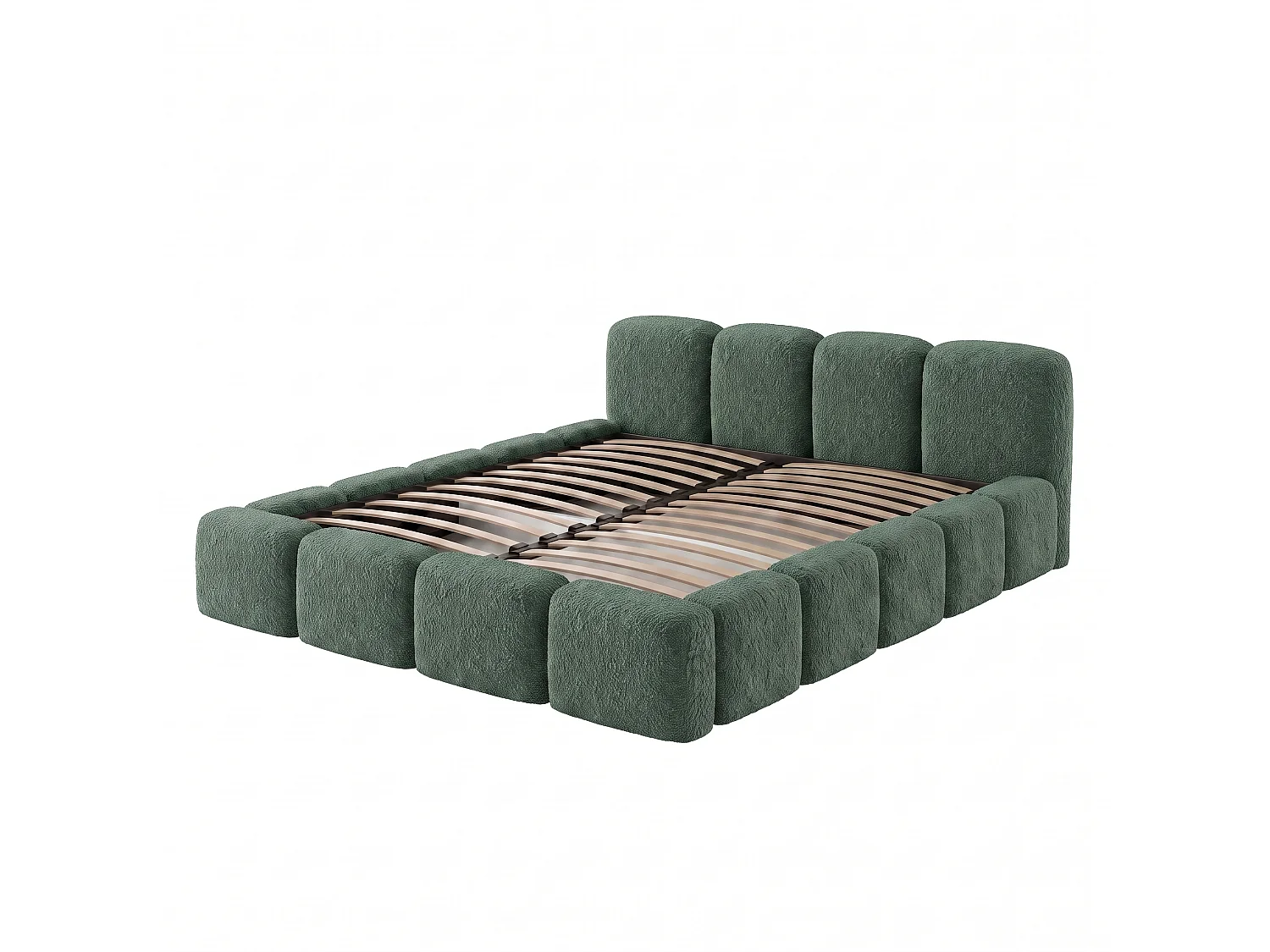 Lit rembourré SUENO avec matelas 200 × 200 cm vert, tête de lit capitonnée, sommier métallique, coffre de rangement, tissu bouclé