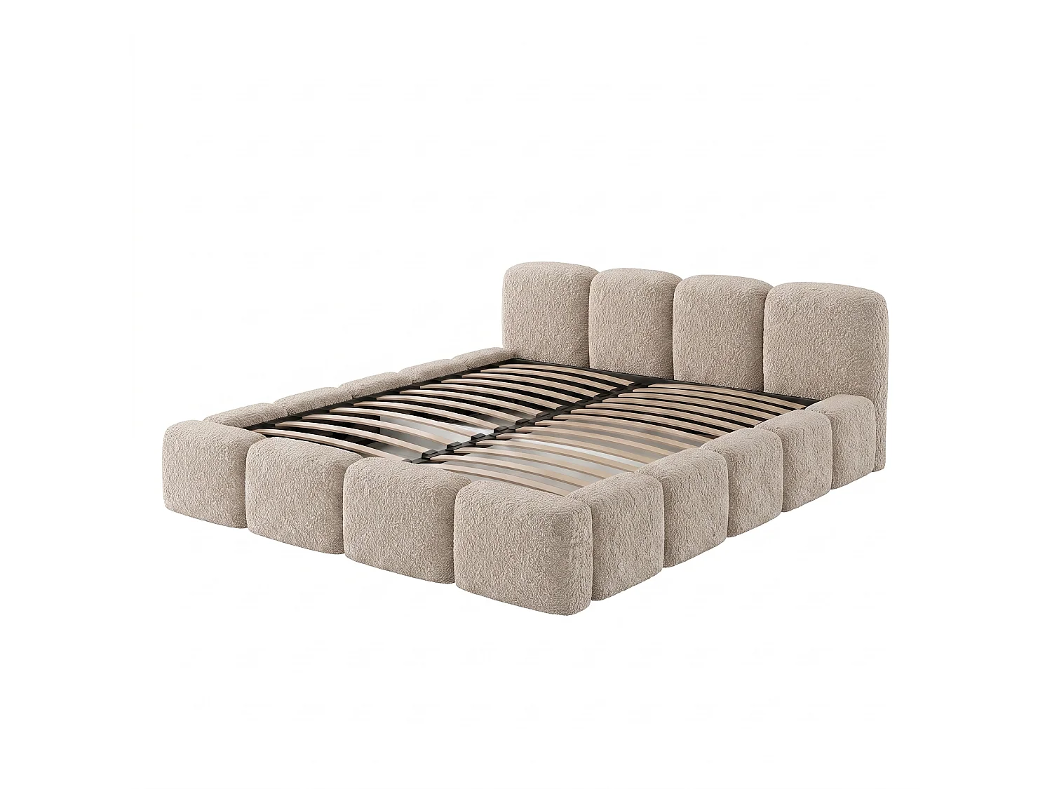 Lit rembourré SUENO avec matelas 200 × 200 cm beige, tête de lit capitonnée, sommier métallique, coffre de rangement, tissu bouclé