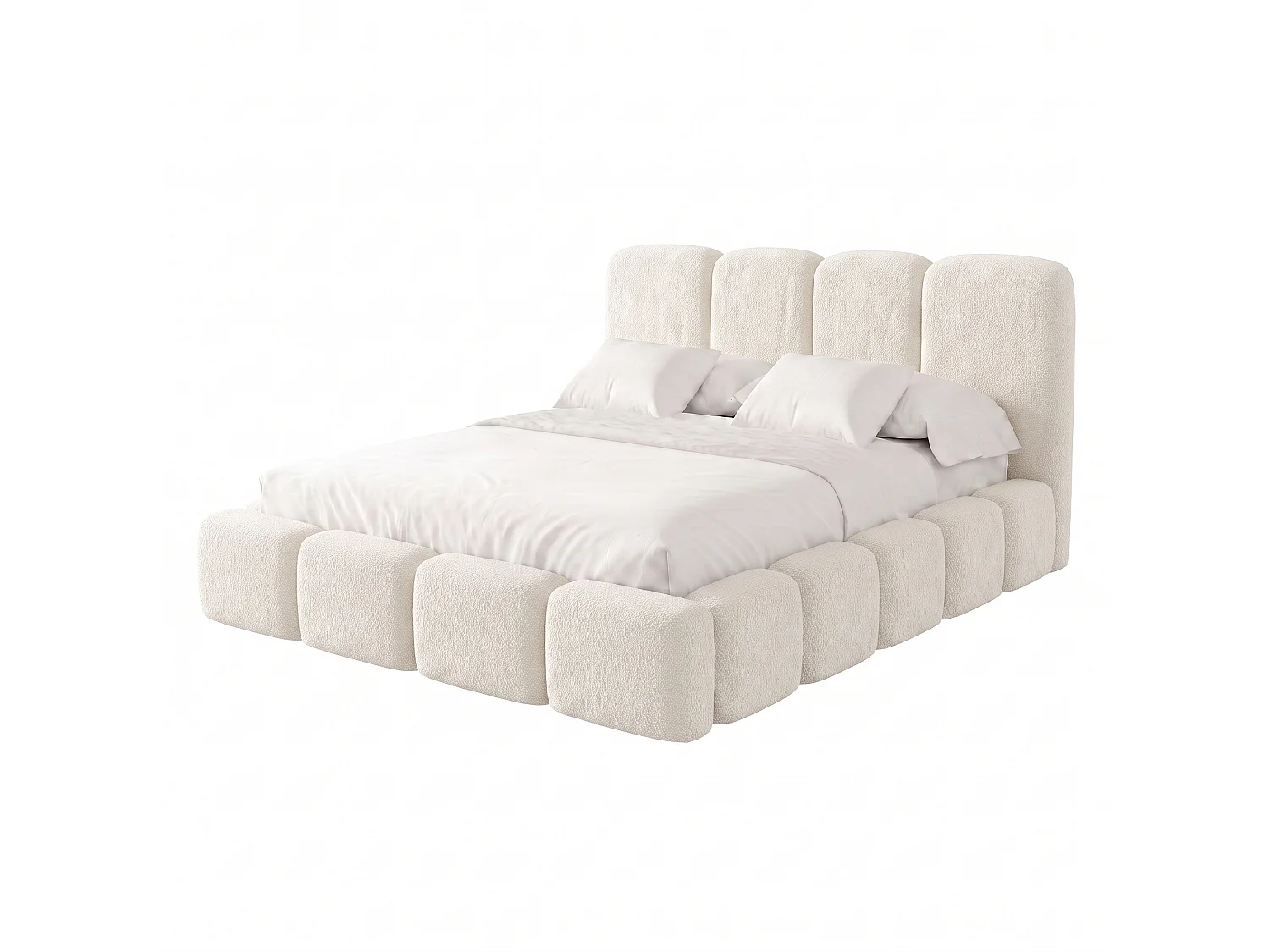 Lit rembourré SUENO MAXI  avec matelas 200 × 200 cm creme, tête de lit capitonnée, sommier métallique, coffre de rangement, tissu bouclé
