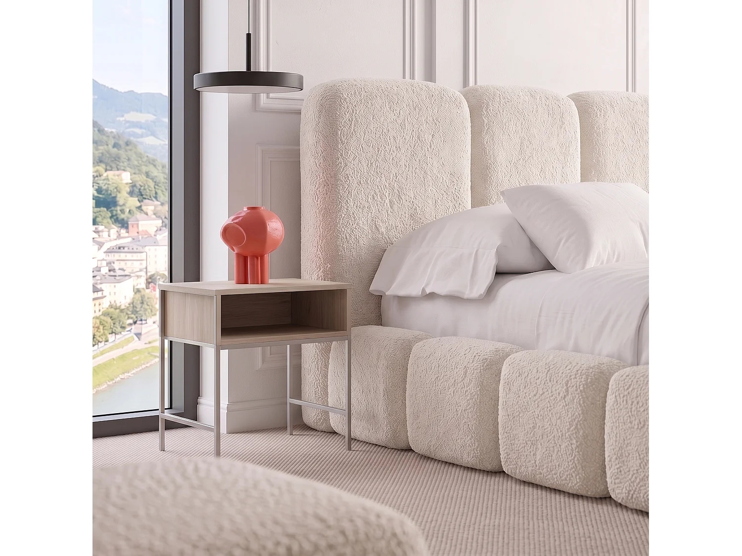 Lit rembourré SUENO MAXI  avec matelas 200 × 200 cm creme, tête de lit capitonnée, sommier métallique, coffre de rangement, tissu bouclé