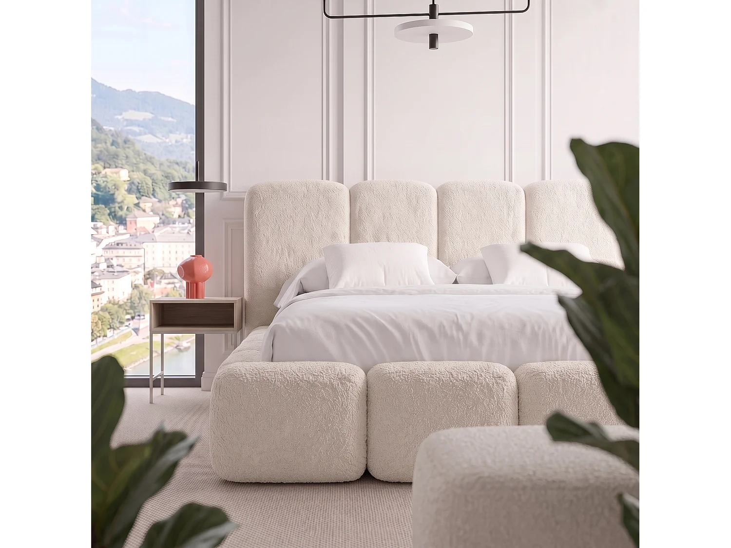 Lit rembourré SUENO MAXI  avec matelas 200 × 200 cm creme, tête de lit capitonnée, sommier métallique, coffre de rangement, tissu bouclé
