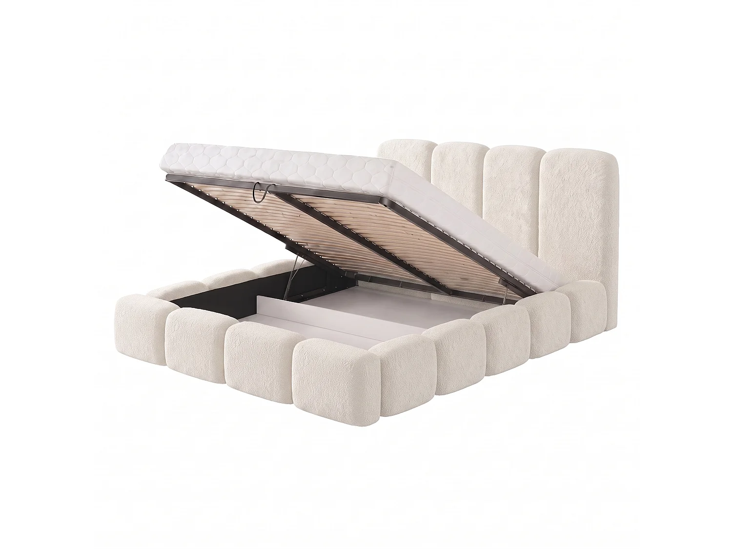 Lit rembourré SUENO MAXI  avec matelas 200 × 200 cm creme, tête de lit capitonnée, sommier métallique, coffre de rangement, tissu bouclé