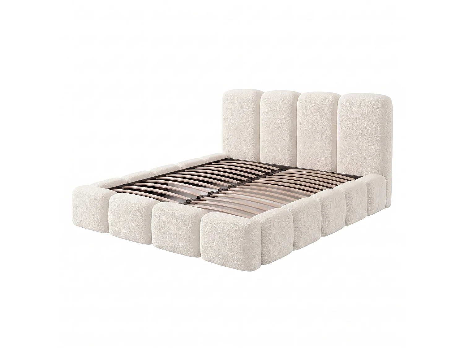 Lit rembourré SUENO MAXI  avec matelas 200 × 200 cm creme, tête de lit capitonnée, sommier métallique, coffre de rangement, tissu bouclé