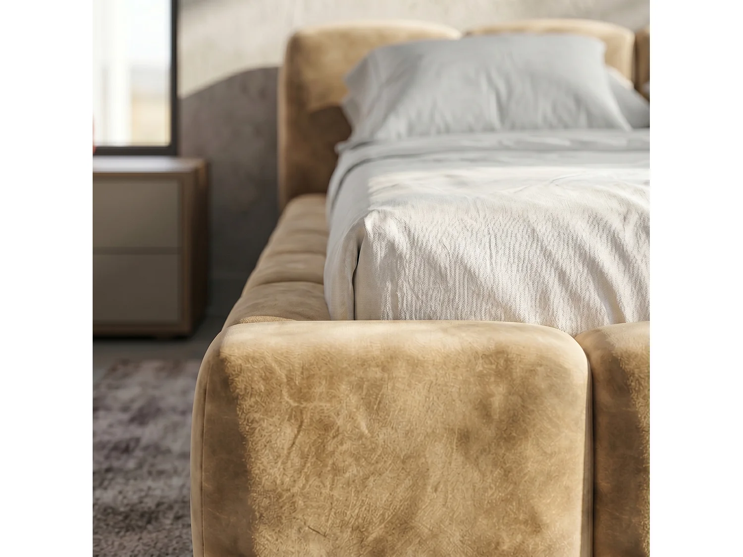Lit rembourré SUENO 180 × 200 cm beige, tête de lit capitonnée, sommier métallique, coffre de rangement, tissu velours