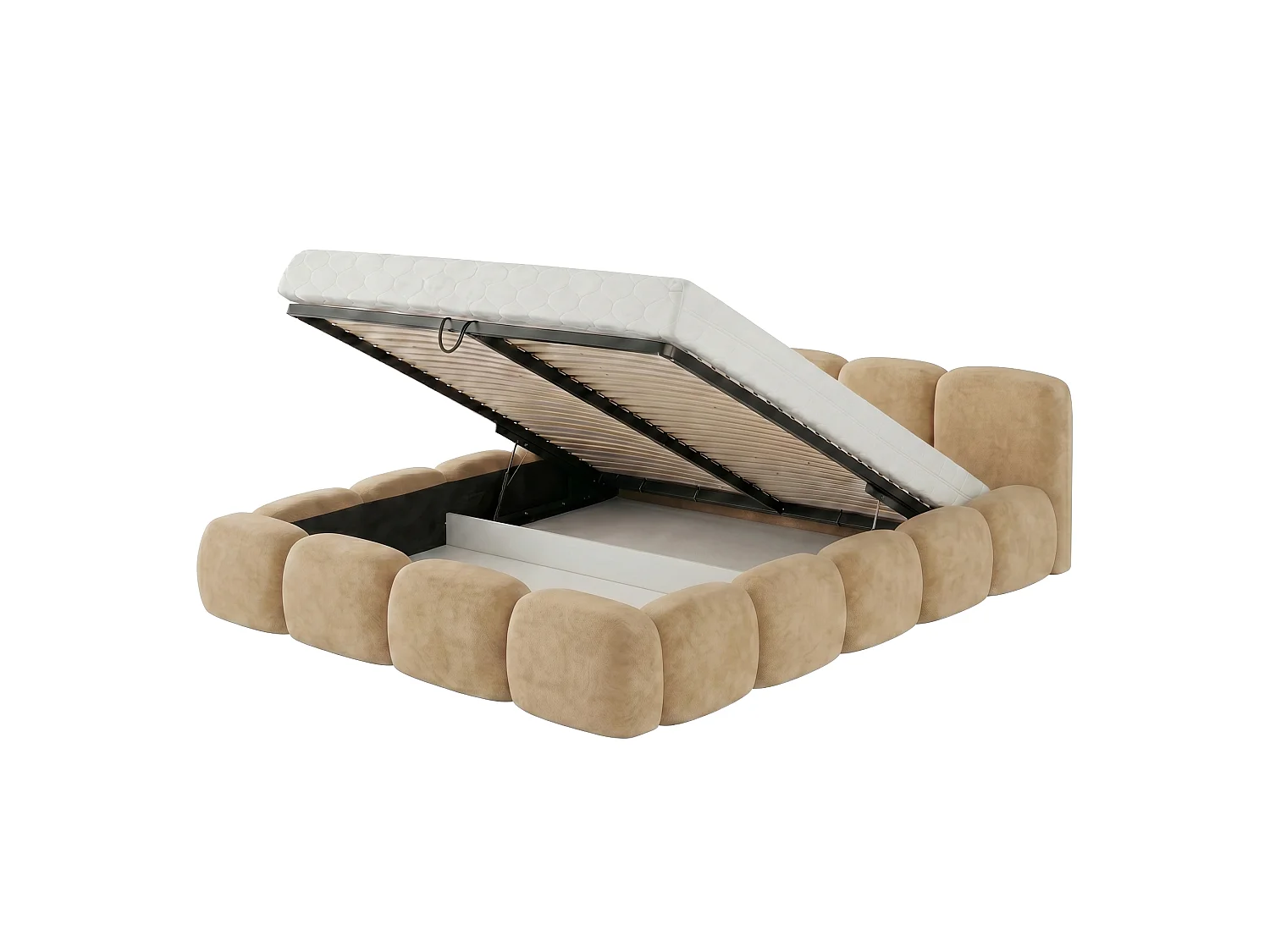 Lit rembourré SUENO 180 × 200 cm beige, tête de lit capitonnée, sommier métallique, coffre de rangement, tissu velours