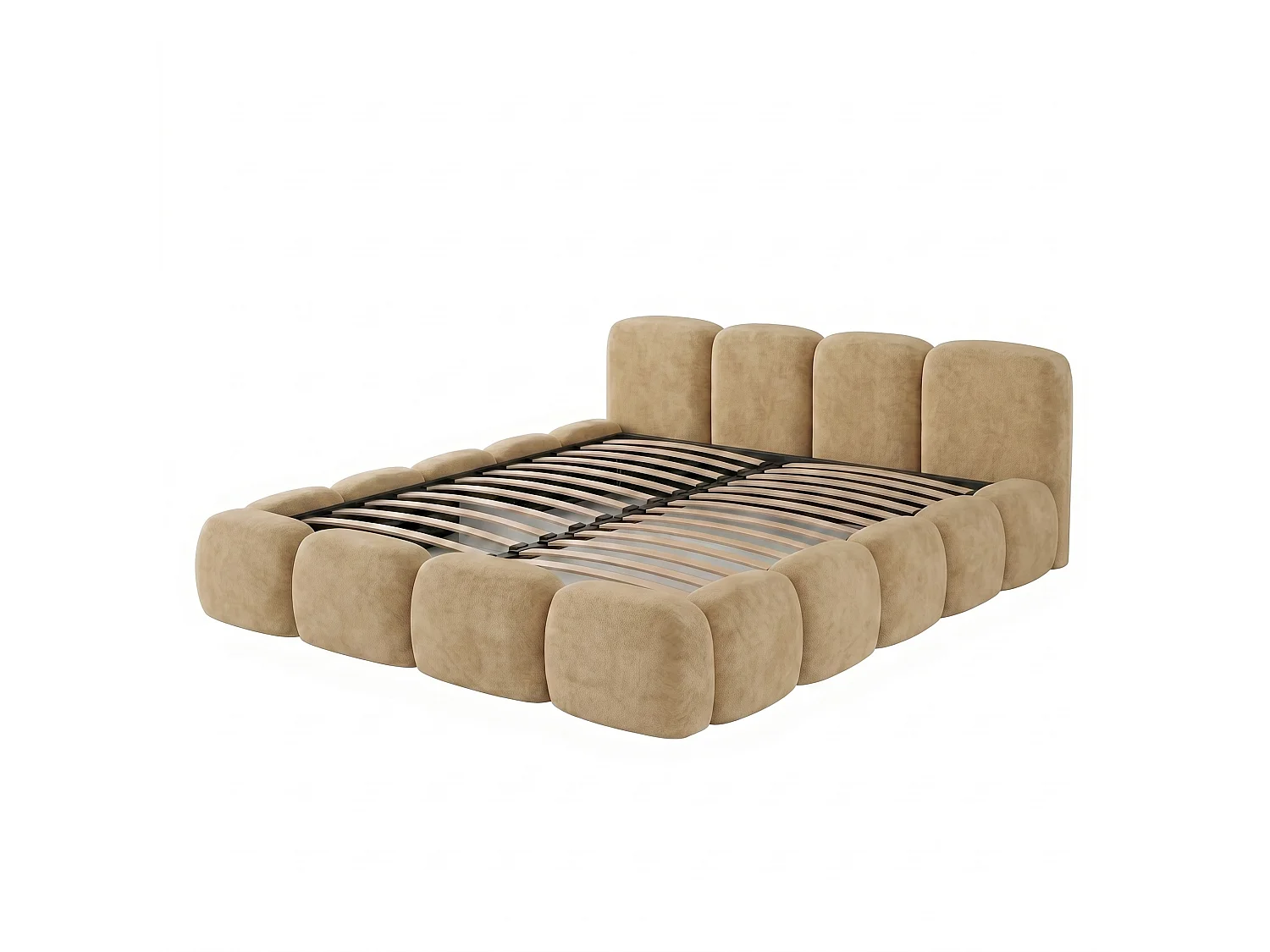 Lit rembourré SUENO 180 × 200 cm beige, tête de lit capitonnée, sommier métallique, coffre de rangement, tissu velours