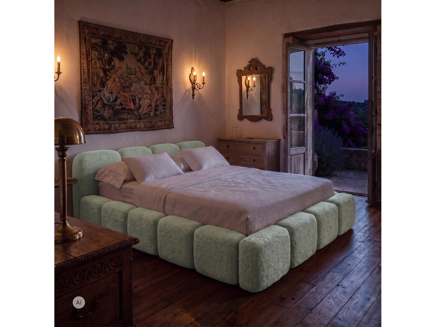 Lit rembourré SUENO 180 × 200 cm vert menthe, tête de lit capitonnée, sommier métallique, coffre de rangement, tissu bouclé