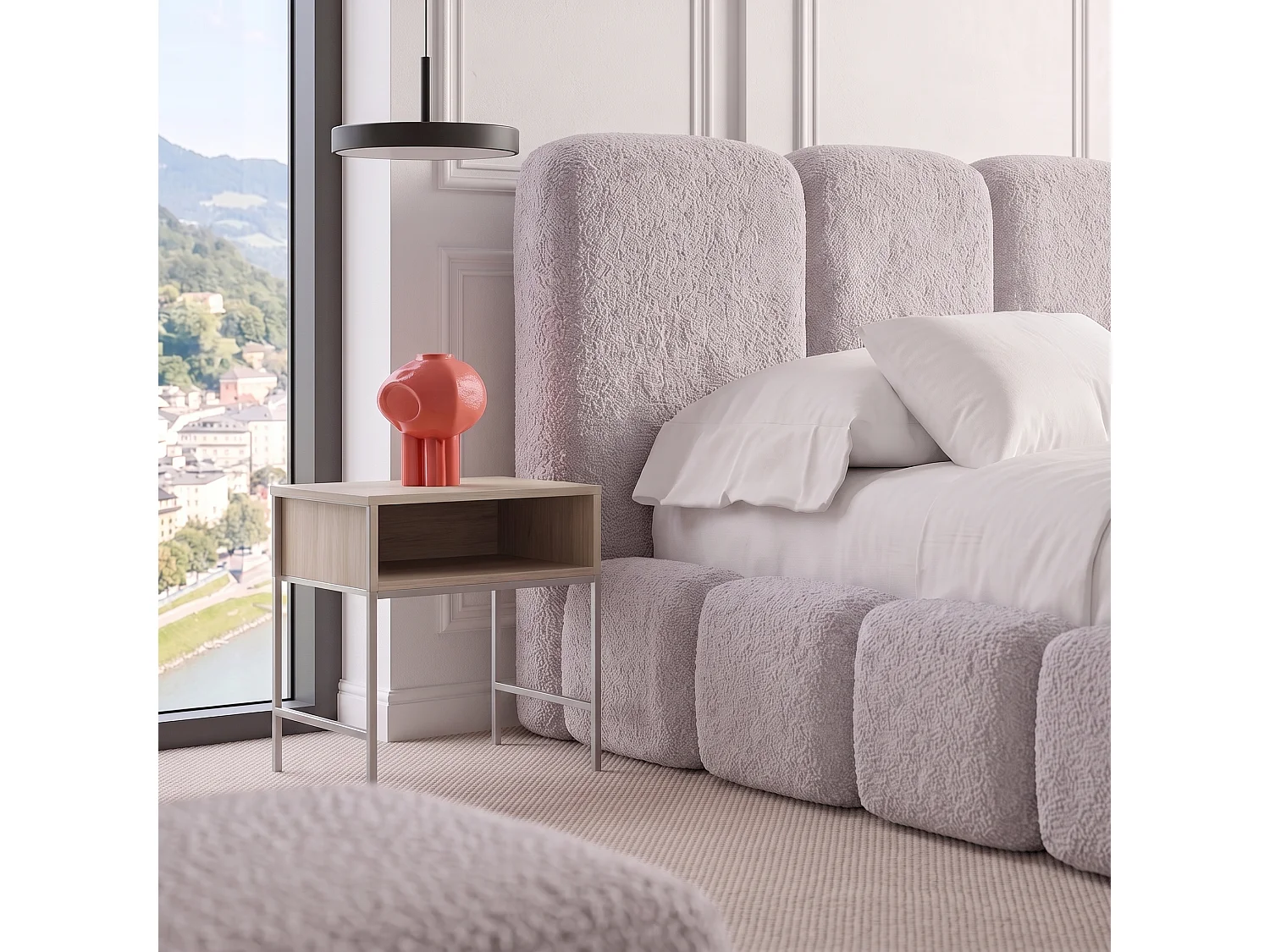 Lit rembourré SUENO MAXI  avec matelas 200 × 200 cm gris, tête de lit capitonnée, sommier métallique, coffre de rangement, tissu bouclé