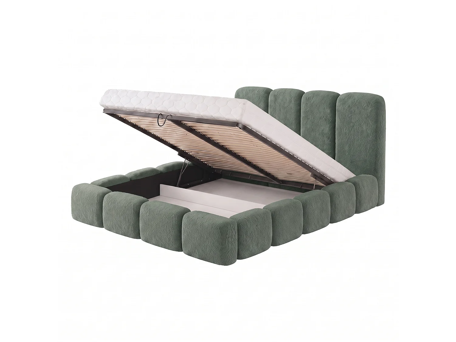 Lit rembourré SUENO MAXI  avec matelas 140 × 200 cm vert, tête de lit capitonnée, sommier métallique, coffre de rangement, tissu bouclé