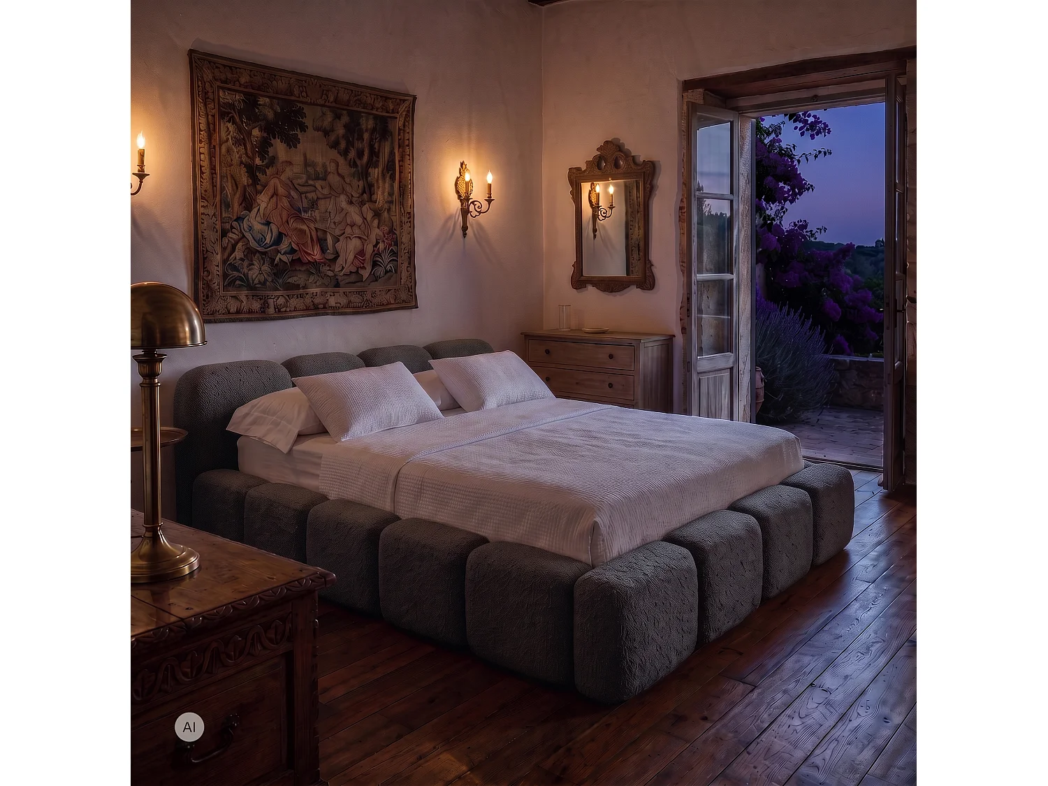 Lit rembourré SUENO avec matelas 160 × 200 cm graphiet, tête de lit capitonnée, sommier métallique, coffre de rangement, tissu bouclé