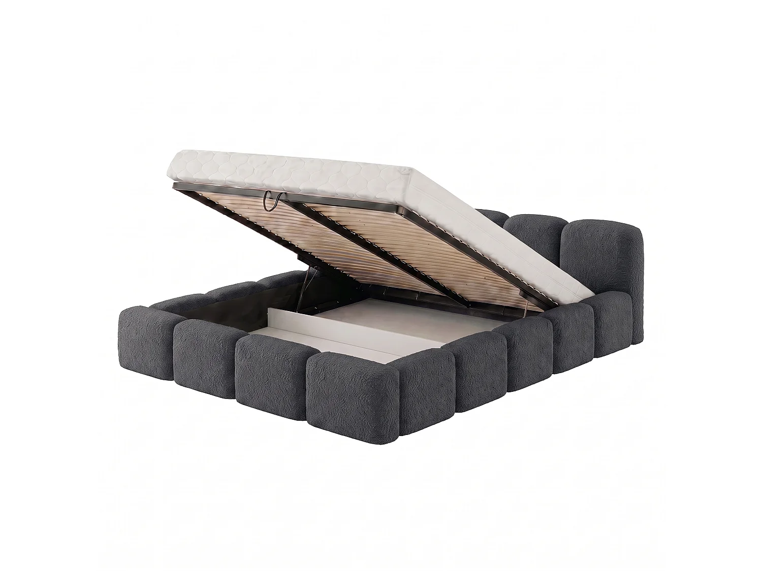 Lit rembourré SUENO avec matelas 160 × 200 cm graphiet, tête de lit capitonnée, sommier métallique, coffre de rangement, tissu bouclé