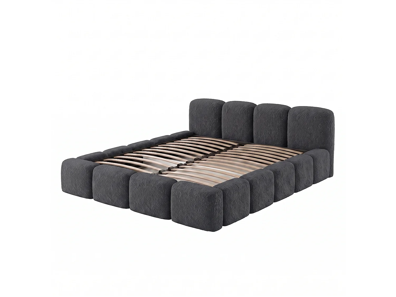 Lit rembourré SUENO avec matelas 160 × 200 cm graphiet, tête de lit capitonnée, sommier métallique, coffre de rangement, tissu bouclé