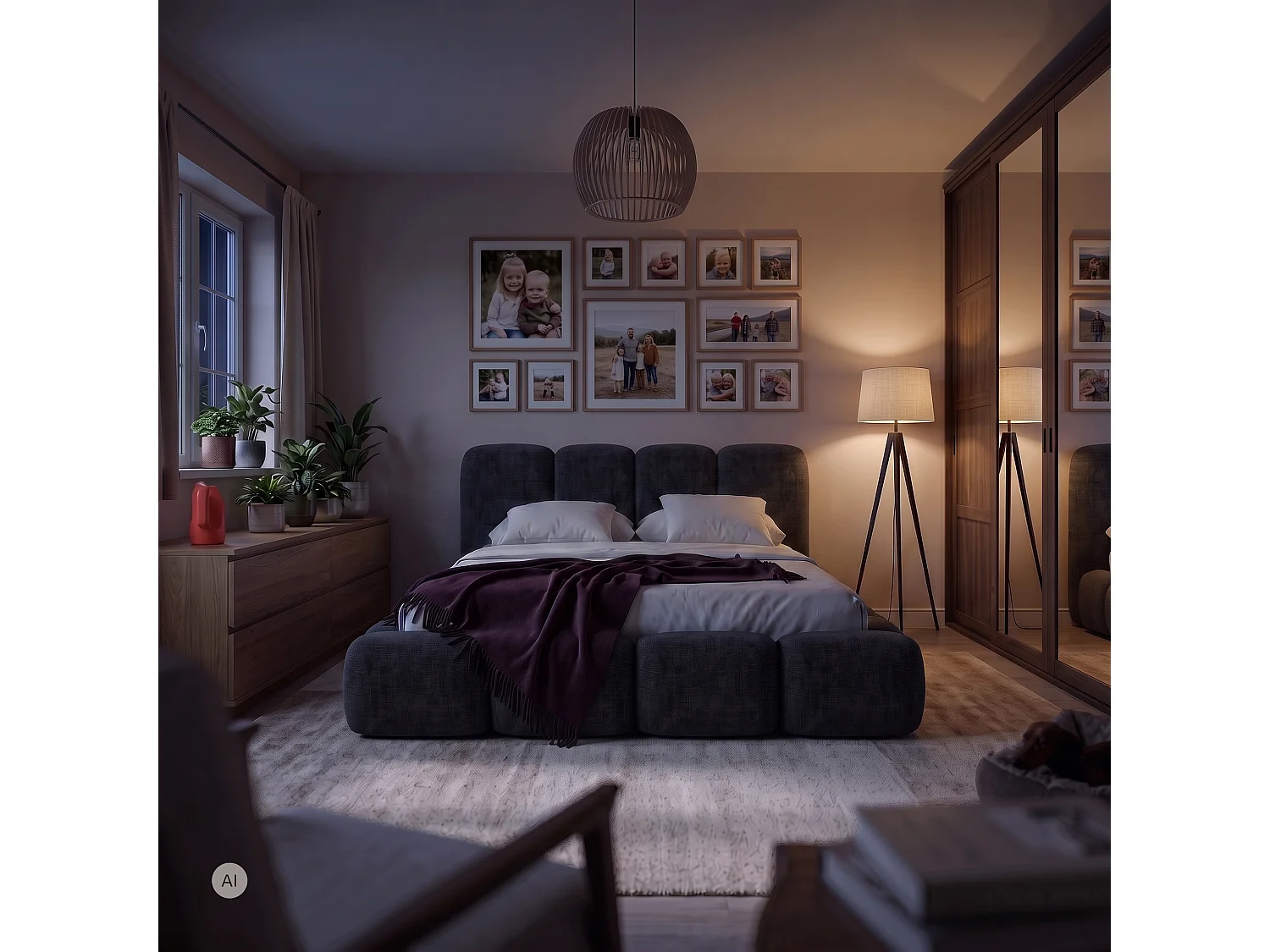 Lit rembourré SUENO MAXI  avec matelas 200 × 200 cm, noir, tête de lit rembourrée, sommier métallique à lattes, coffre de rangement, tissu chenille
