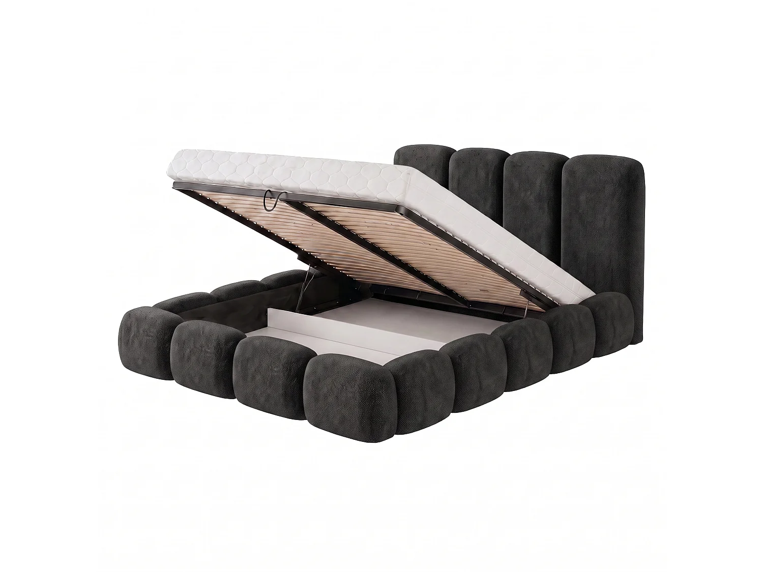 Lit rembourré SUENO MAXI  avec matelas 200 × 200 cm, noir, tête de lit rembourrée, sommier métallique à lattes, coffre de rangement, tissu chenille