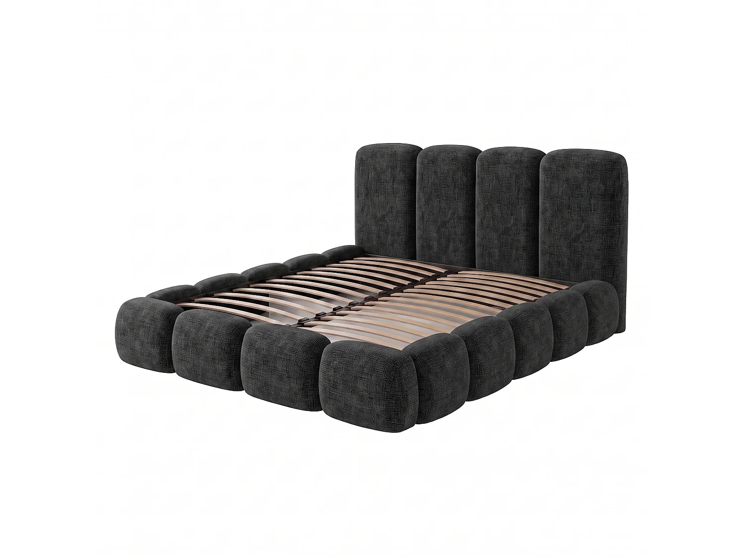 Lit rembourré SUENO MAXI  avec matelas 200 × 200 cm, noir, tête de lit rembourrée, sommier métallique à lattes, coffre de rangement, tissu chenille