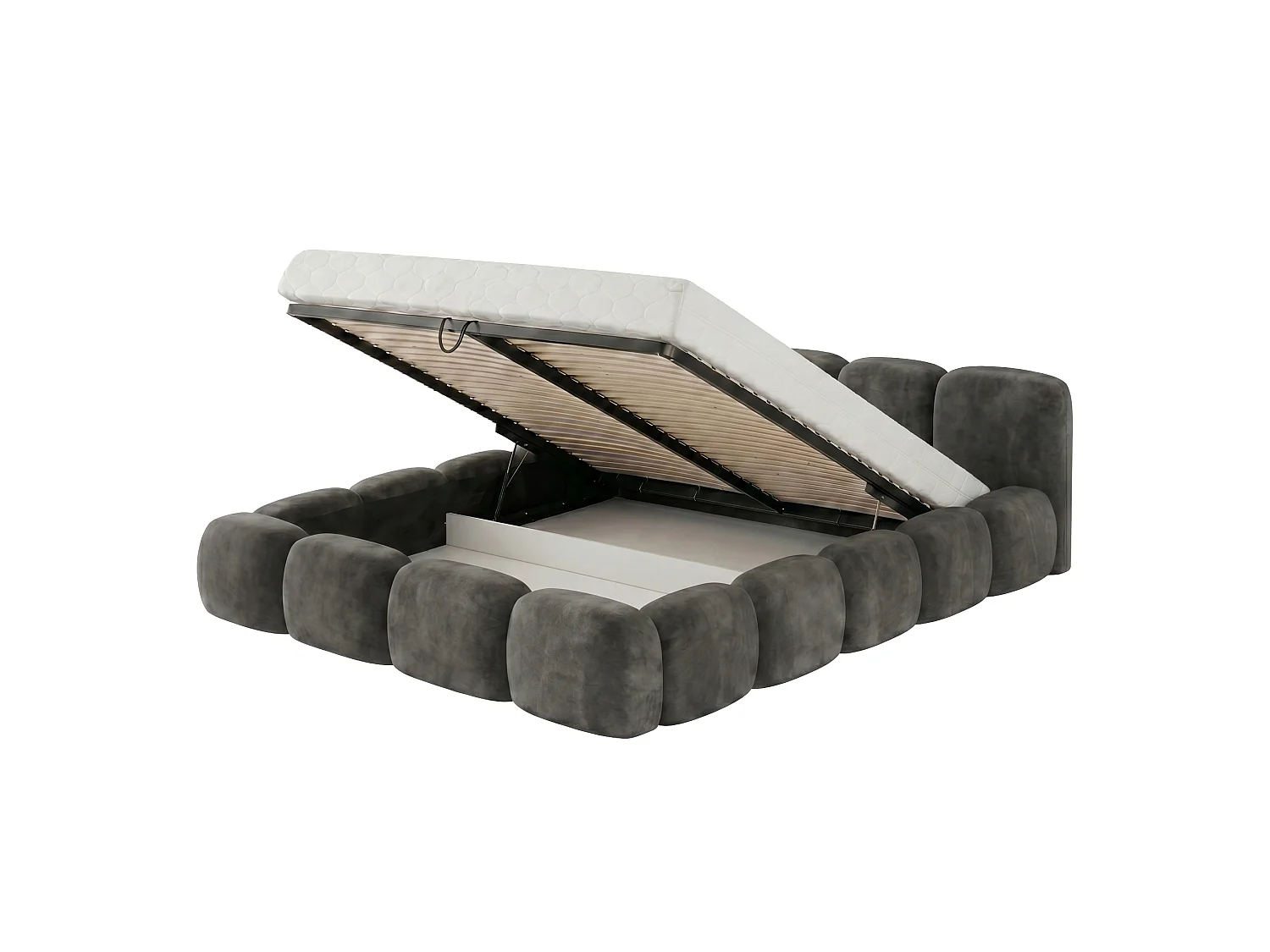 Lit rembourré SUENO 200 × 200 cm graphiet, tête de lit capitonnée, sommier métallique, coffre de rangement, tissu velours
